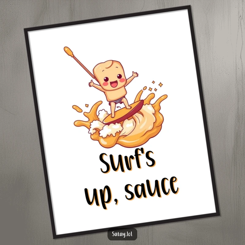 Funny satay skewer character riding a dynamic peanut sauce wave, available as a high-quality digital art print.