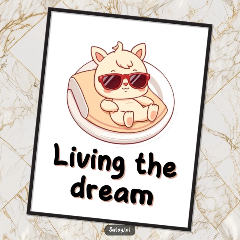 Funny Satay Digital Art: Humorous printable featuring a satay character in tiny sunglasses, lounging blissfully on a plate.