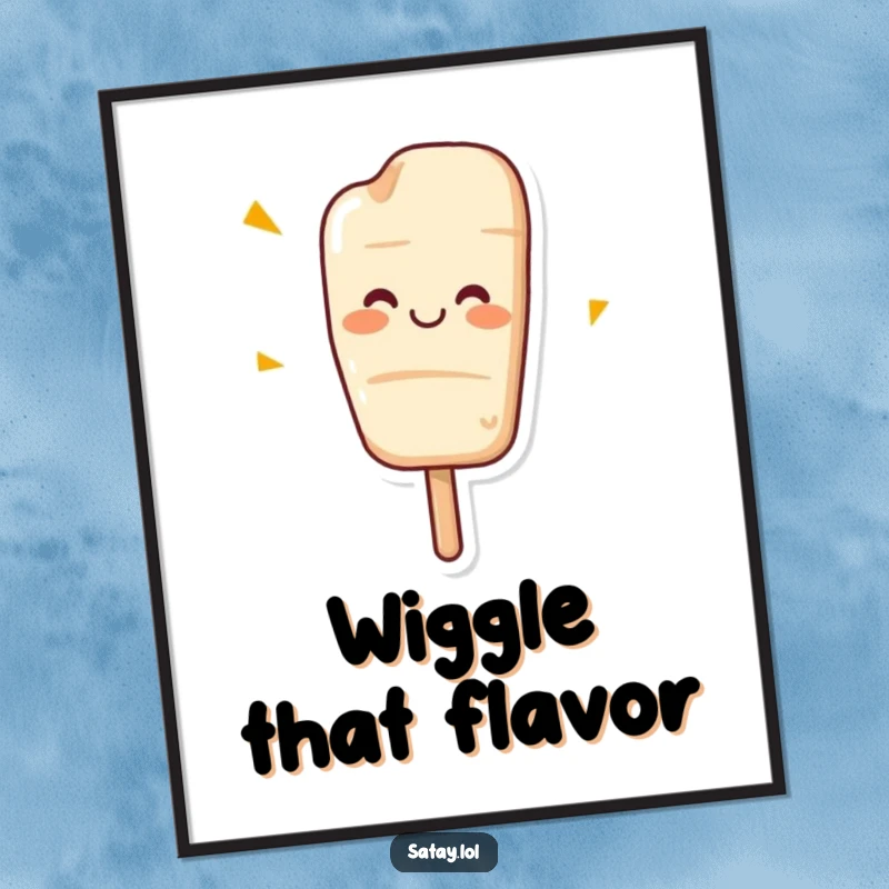 Funny digital art print of a happy satay skewer with a big grin, shown mid-wiggle.