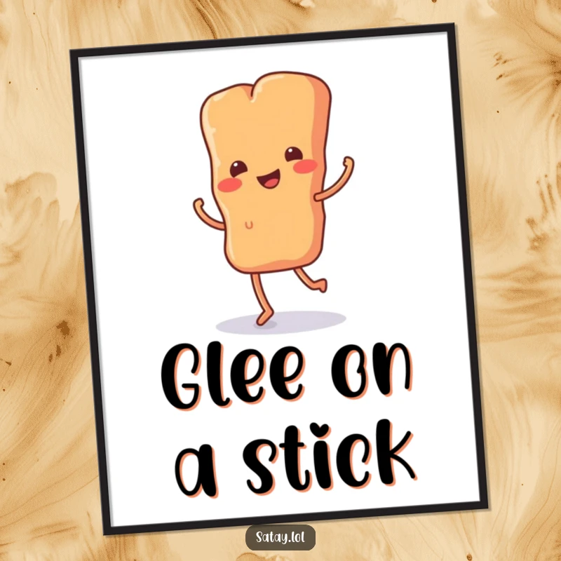 Funny digital art print of a satay skewer with tiny legs doing a happy jig, capturing a moment of pure culinary joy for wall decor.