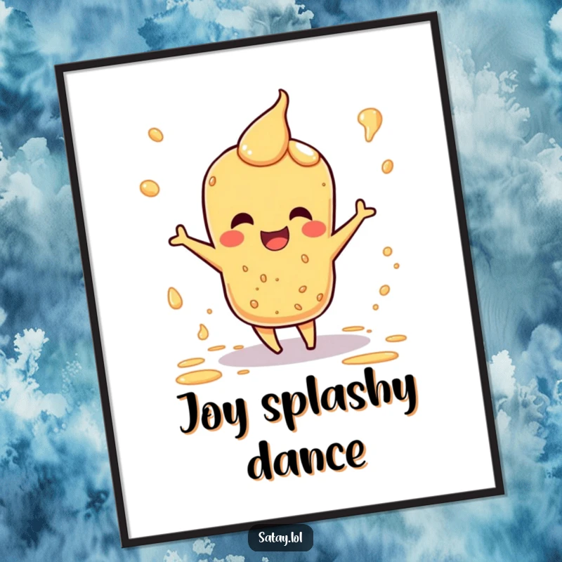 Funny digital art print of a satay character doing a happy dance, with colorful sauce splatters around it.