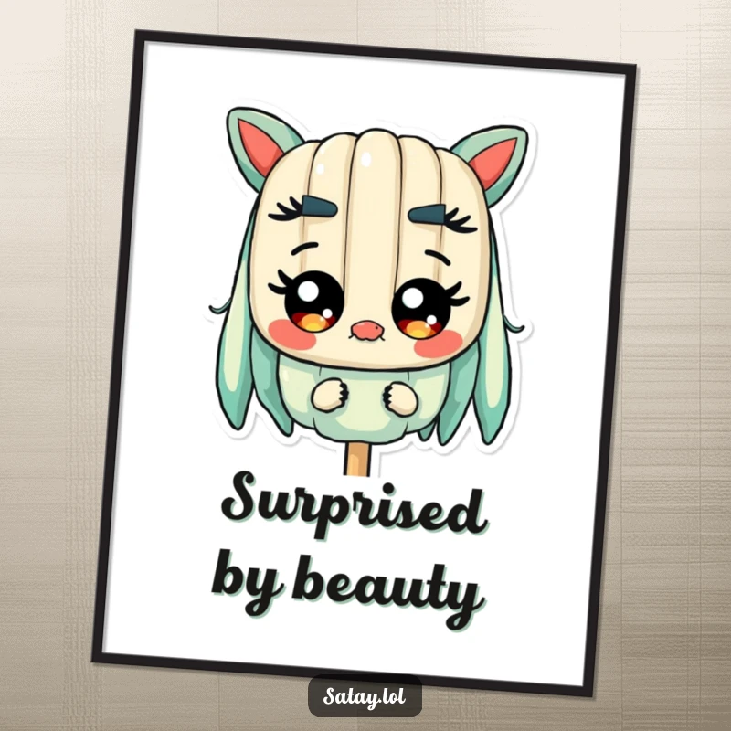 Funny Satay Skewer Digital Art Print showing a skewer character with wide, shiny eyes, capturing a moment of pure, hilarious surprise for wall art.