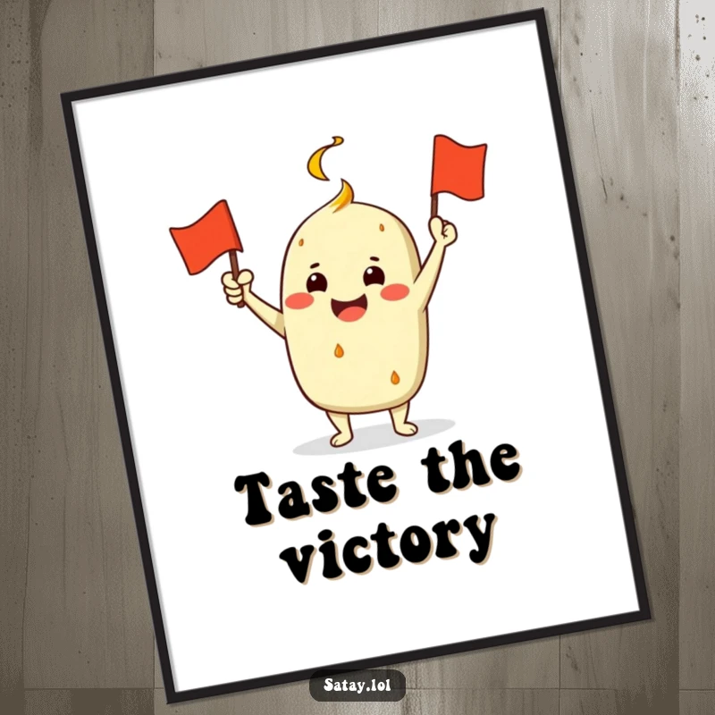 Funny Satay Character Digital Art Print: A jubilant satay enthusiastically waves a miniature grill flag, a humorous and festive instant download.