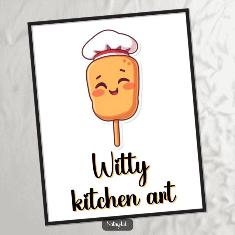 Funny digital art print of a satay skewer character in a chef hat, giving a playful wink.