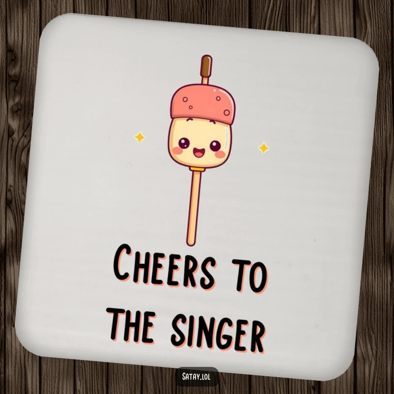 Funny drink coaster with a satay skewer holding its stick like a microphone, protecting furniture with performance-themed humor.