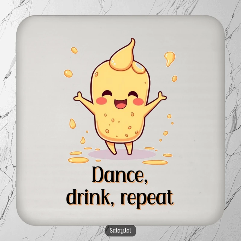 Funny drink coaster featuring a satay character doing a happy dance, surrounded by sauce splatters.