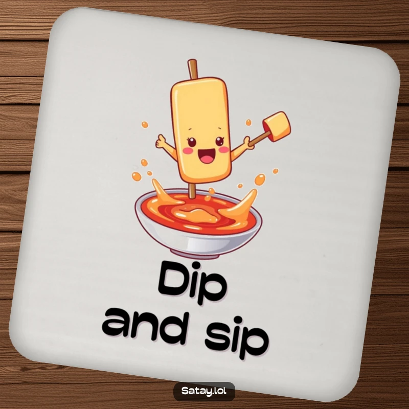 Funny satay skewer character coasters, jumping into bubbling sauce, protecting surfaces with a humorous touch.
