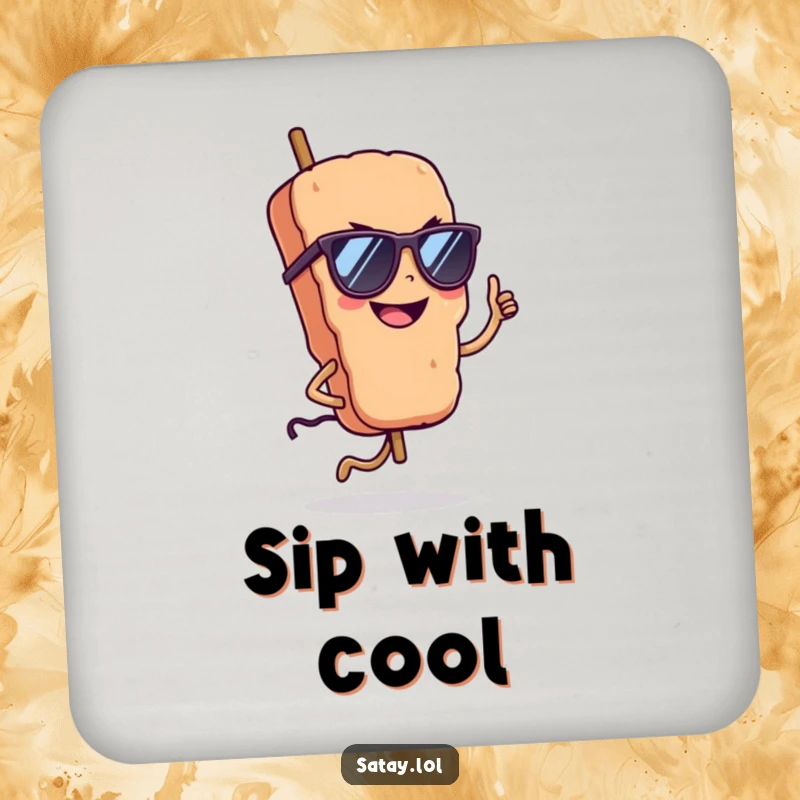 Funny satay skewer wearing sunglasses on a drink coaster, grinning confidently, adding a touch of cool style.