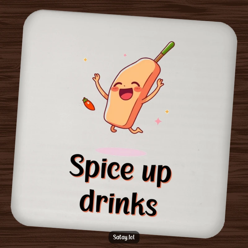 Funny satay skewer and chili pepper drink coaster, showing joyful celebration, protecting tables with a humorous and flavorful design.