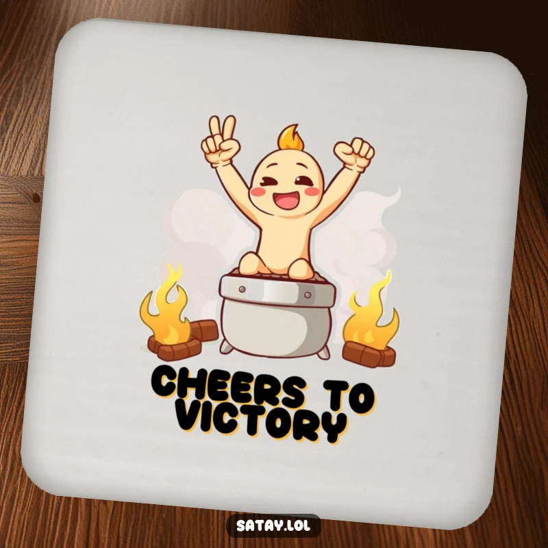 Funny drink coaster featuring a satay character in a triumphant pose on a smoky grill graphic.