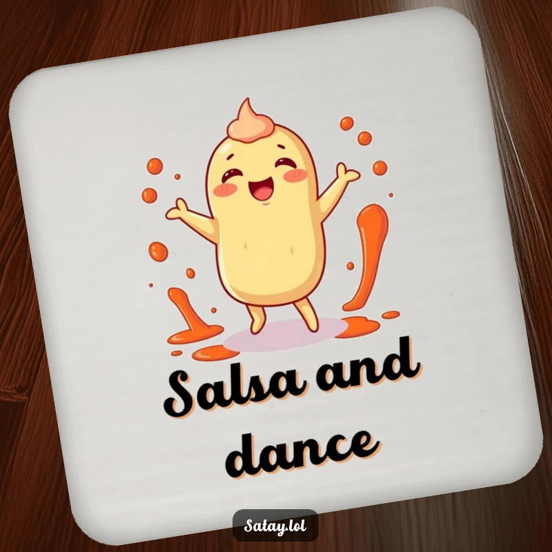 Funny satay coaster featuring a happy satay character dancing with sauce splatters, adding vibrant culinary humor.