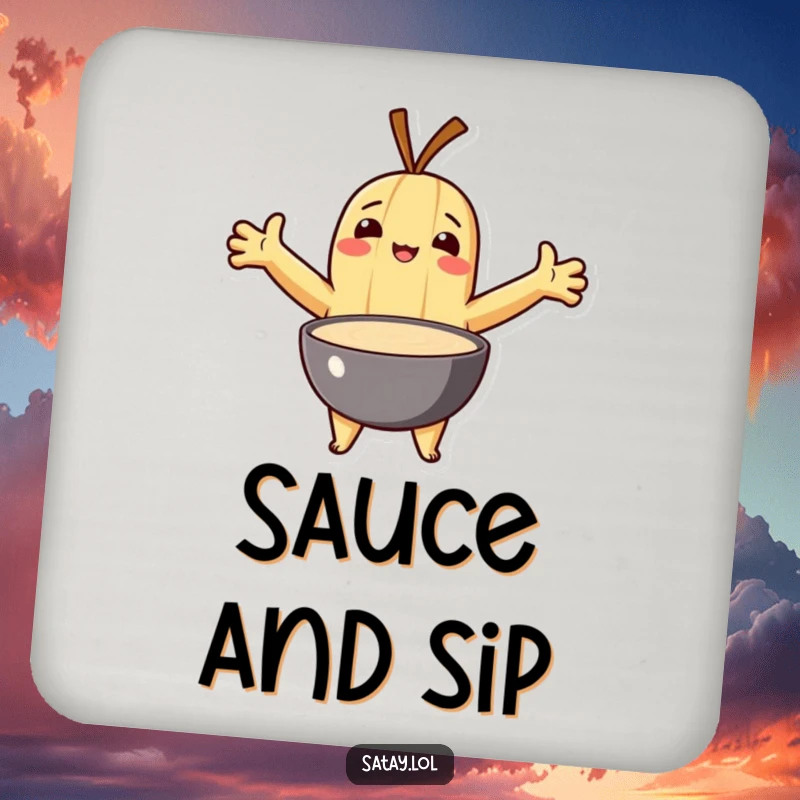Funny drink coaster featuring a satay character embracing a bowl of dipping sauce with outstretched arms.