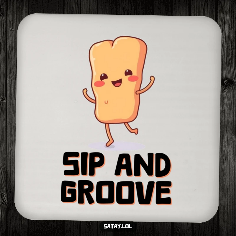 Funny drink coaster with a satay skewer on tiny legs doing a happy jig, protecting furniture with cheerful, food-themed humor.