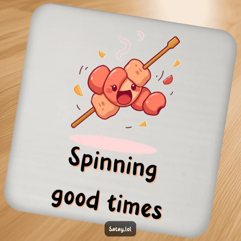 Funny satay skewer dancing coaster, a skewer spinning with whirling meat pieces, a humorous and protective surface art.