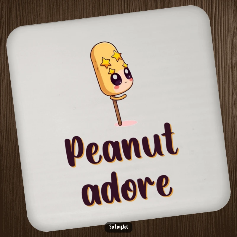 Funny Satay Skewer Drink Coasters depicting a character starry-eyed over a giant peanut, adding humorous flair to drinks.