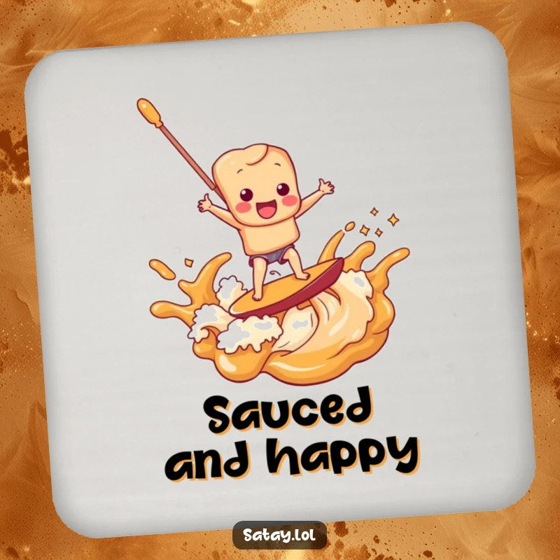 Funny satay skewer character surfing a delightful peanut sauce wave, featured on a protective and humorous drink coaster.