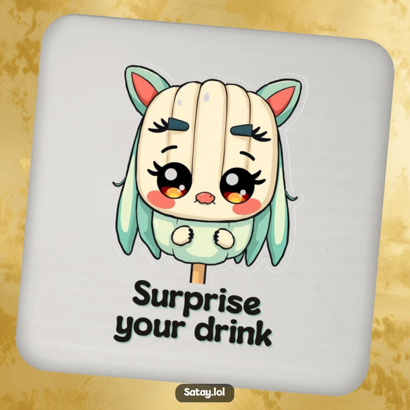Funny Satay Skewer Coaster featuring a skewer character with wide, shiny eyes, conveying comical surprise and adding humor to any surface.