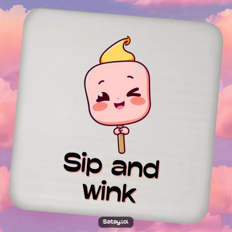 Funny Satay Skewer Drink Coasters showing a character winking playfully after a successful flip, perfect for stylish drink service.