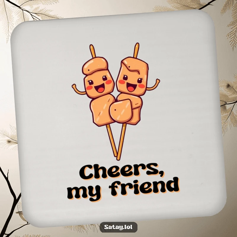 Funny Satay Skewers Drink Coasters showing characters waving their meat pieces cheerfully, perfect for friendly drink service.