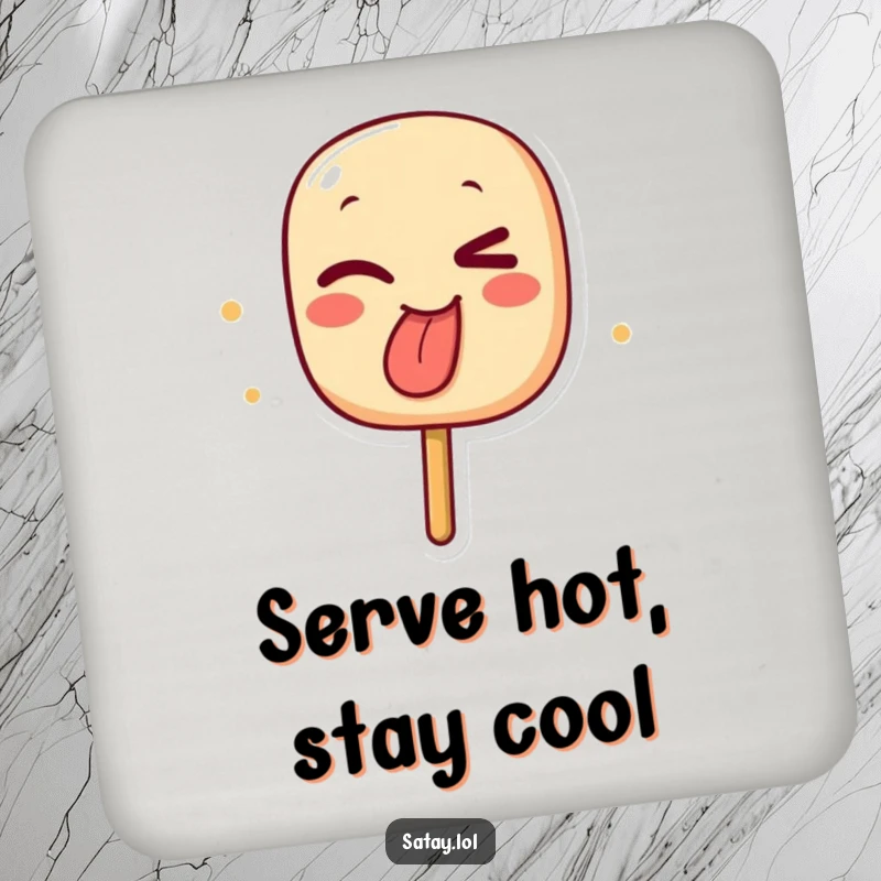 Funny drink coasters featuring a winking satay skewer character sticking out its char-marked tongue, adding humor to drinks.