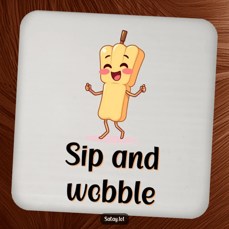 Funny drink coaster featuring a satay skewer character doing a silly, wobbly dance; a humorous and energetic accessory.