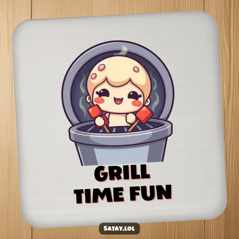Funny satay skewer character coasters, peeking from a grill with a funny face, protecting surfaces with a humorous touch.