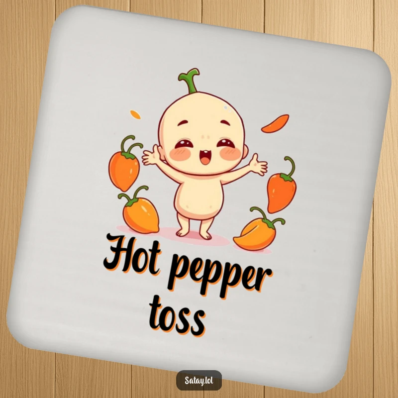 Funny Satay Character Coaster: A playful satay juggles three small, round chili peppers, adding a humorous and spicy touch to surfaces.