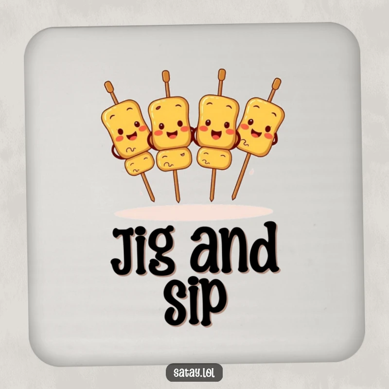 Funny Satay Skewers Drink Coasters showing characters in a synchronized jig, adding a humorous element to drink service.