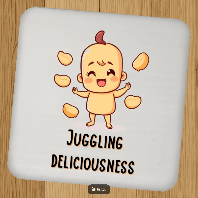 Funny happy satay skewer coaster, character juggling peanut shells with a cheerful smile, protects furniture from drinks.