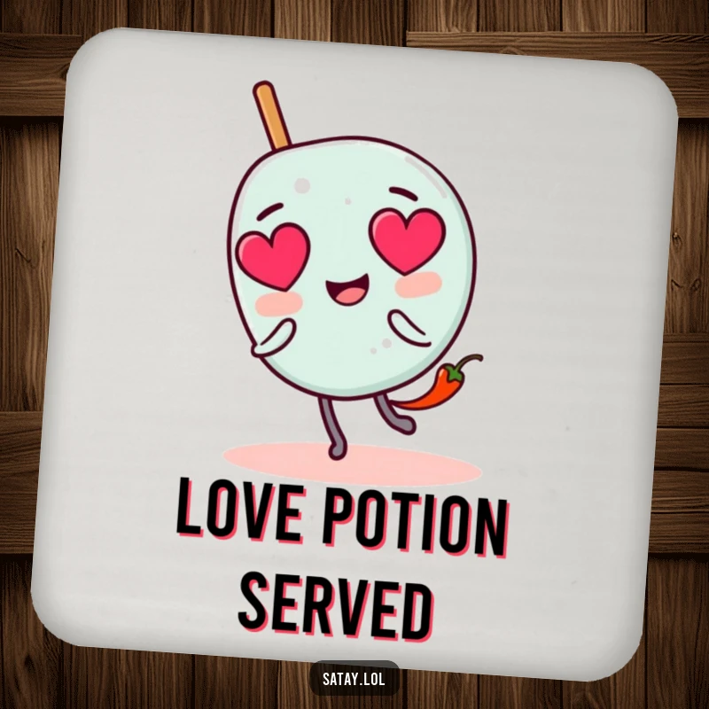 Funny satay skewer character coasters with heart eyes, chased by a tiny chili pepper, protecting surfaces with a humorous touch.