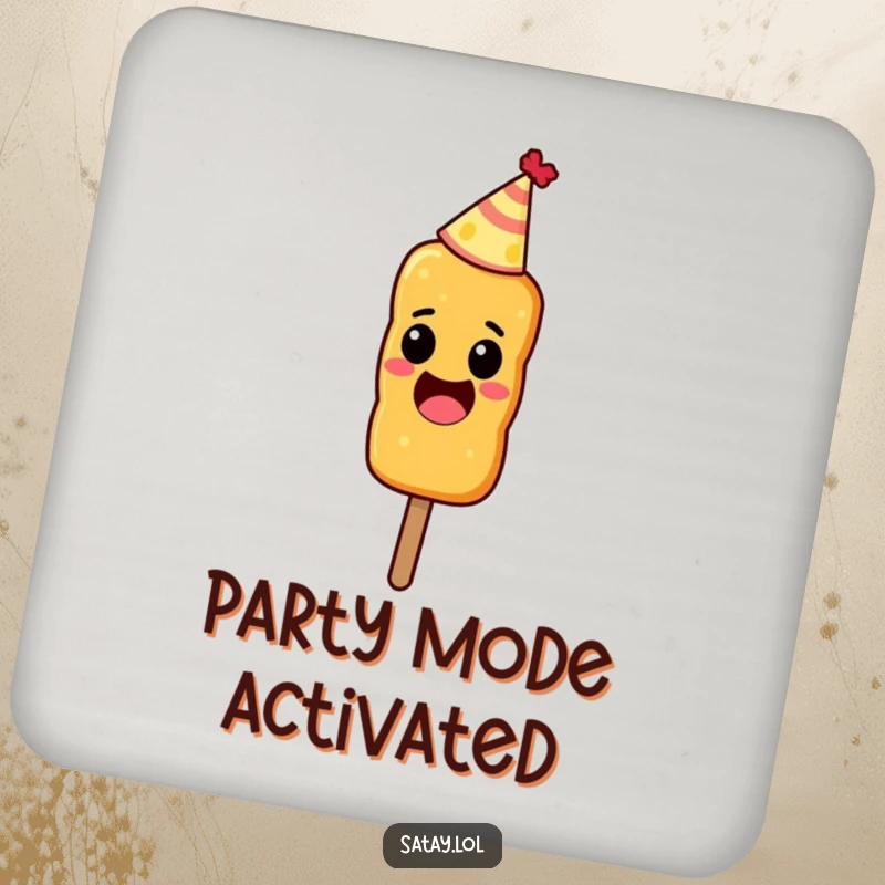 Funny drink coaster with an excited satay skewer wearing a small party hat.