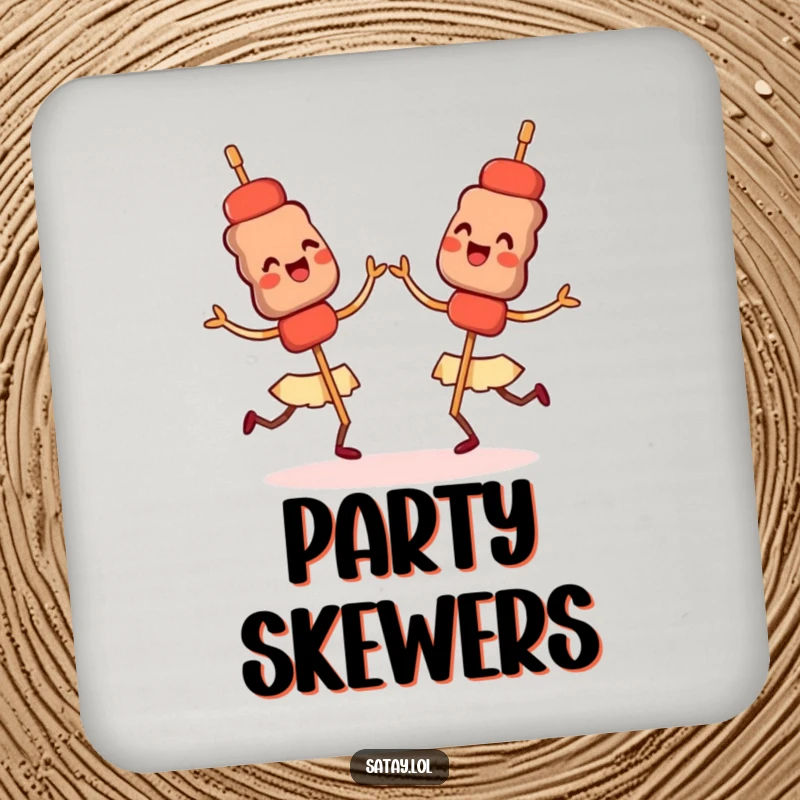Funny drink coasters featuring happy satay skewers doing a synchronized dance, adding lively humor to tables.