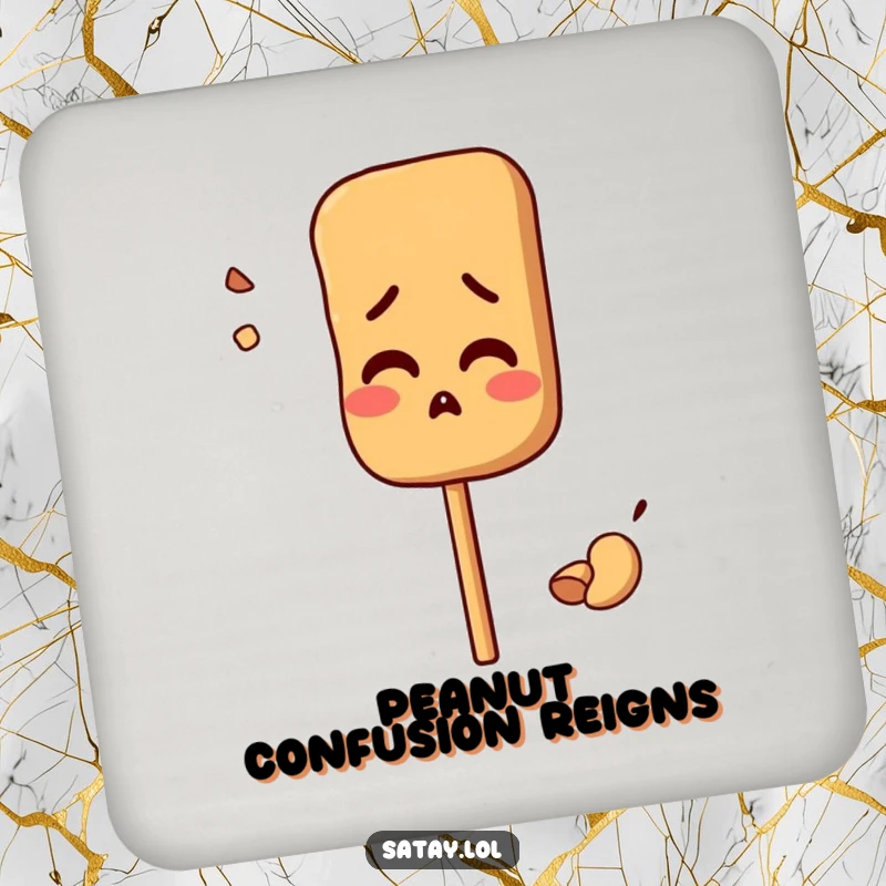Funny drink coaster featuring a satay skewer character looking comically confused by a misplaced peanut; a humorous accessory.