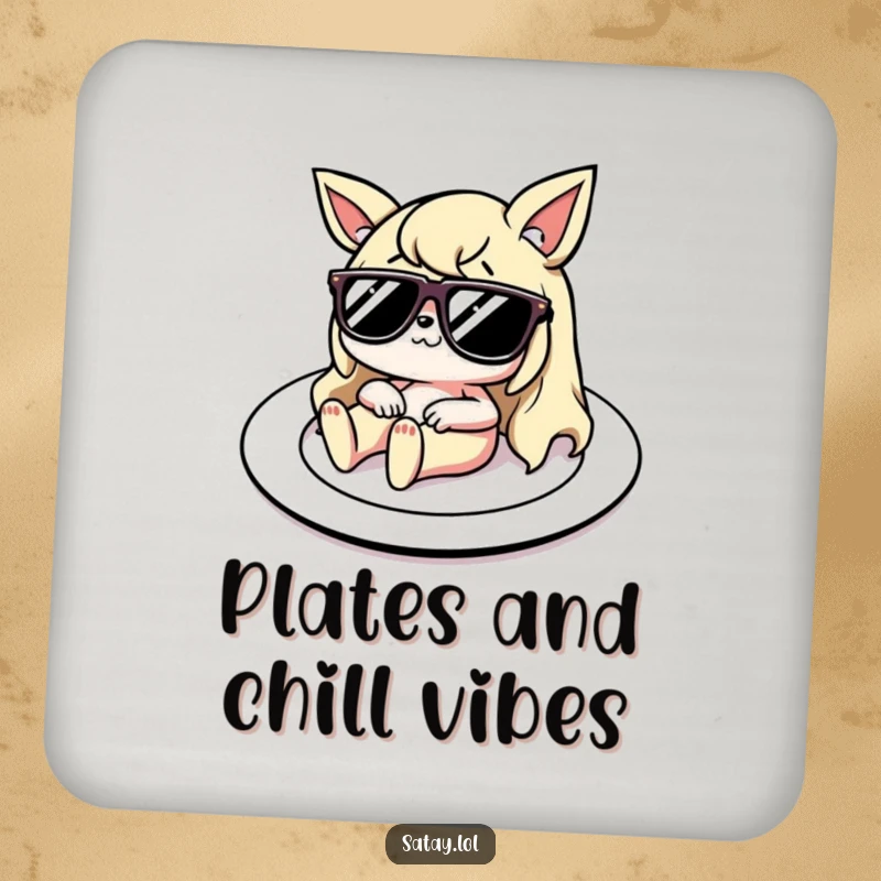 Funny Drink Coaster featuring a satay character with tiny sunglasses lounging on a plate, adding a humorous element to drink service.