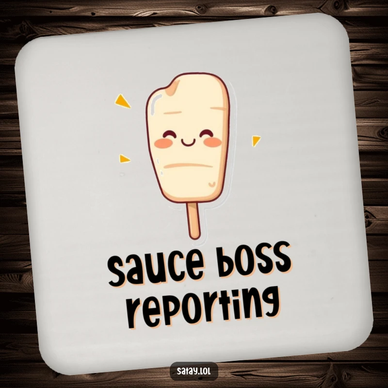 Funny drink coaster with a cheerful satay skewer grinning and wiggling.