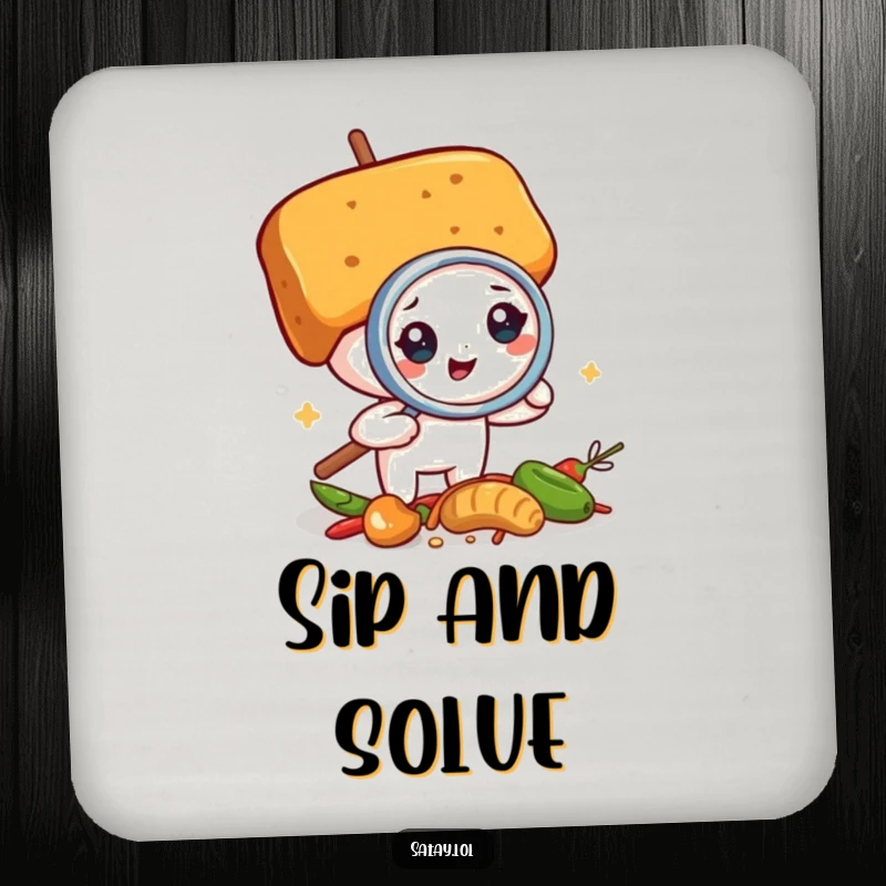 Funny satay skewer detective coaster, a skewer examining spices with a magnifying glass, a humorous and protective surface art.