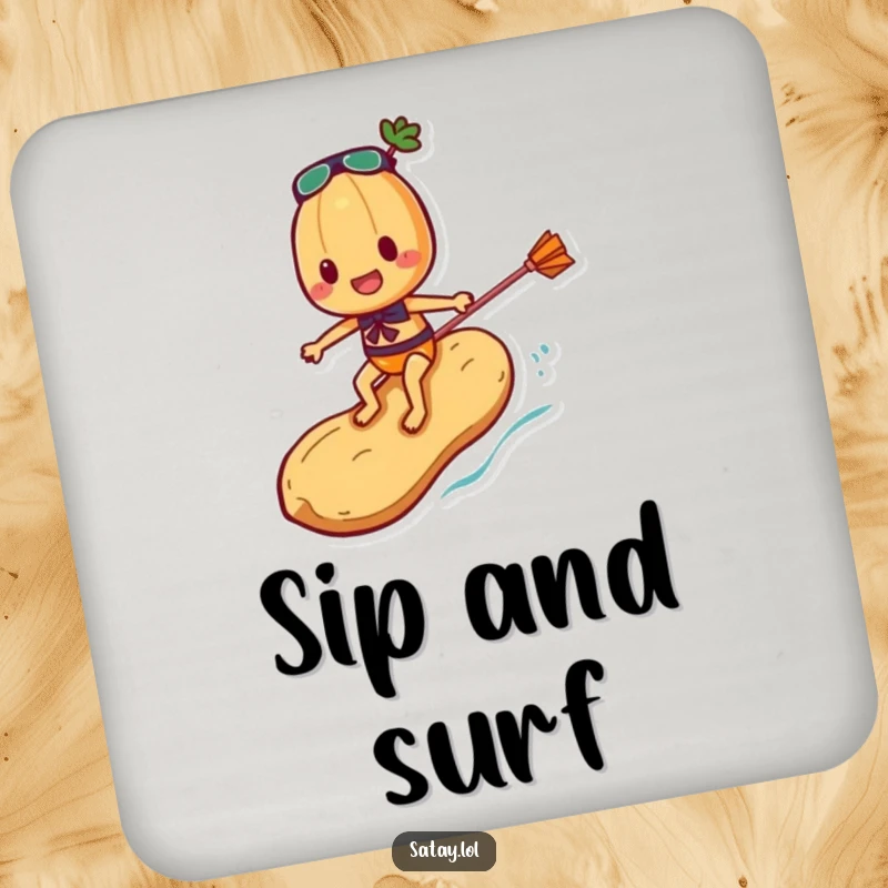 Funny Satay Skewer Coaster featuring a skewer character surfing a peanut, adding a dynamic and humorous touch to any table.