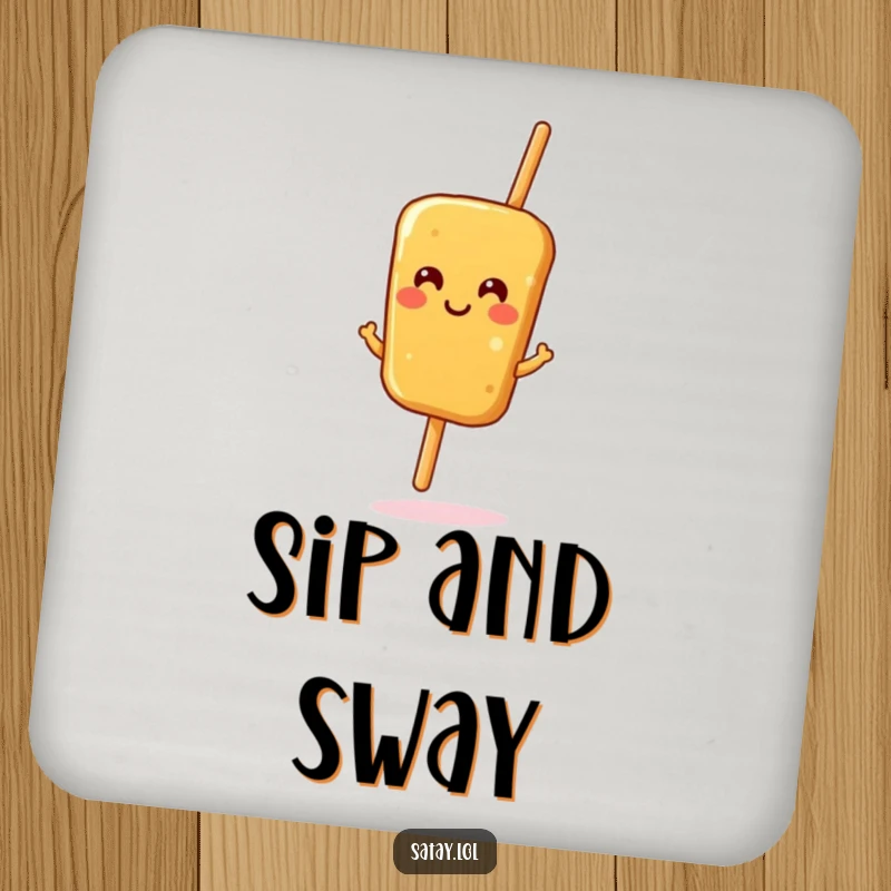 Funny satay skewer drink coaster, a smiling skewer doing a happy jig, protecting surfaces with a touch of food-themed humor.
