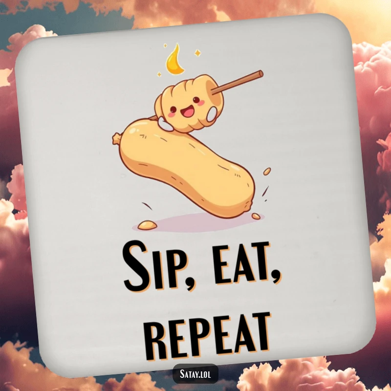 Funny drink coaster depicting a satay skewer bouncing on a large peanut, a humorous and functional accessory for beverage placement.