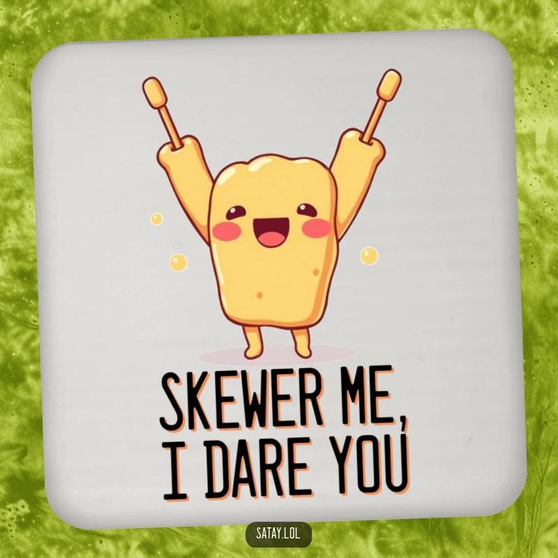 Funny coaster featuring a delighted satay skewer character with arms up in celebration, ready to hold your drink.