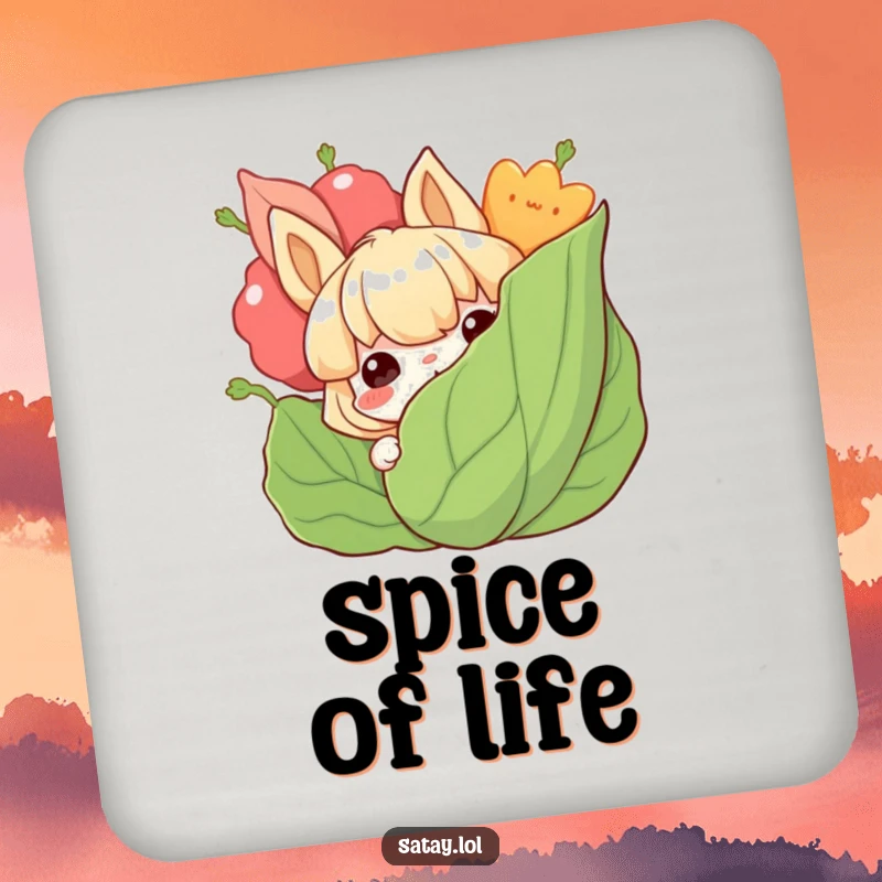 Funny satay coaster featuring a grinning satay character peeking from behind a leafy garnish, adding culinary humor.