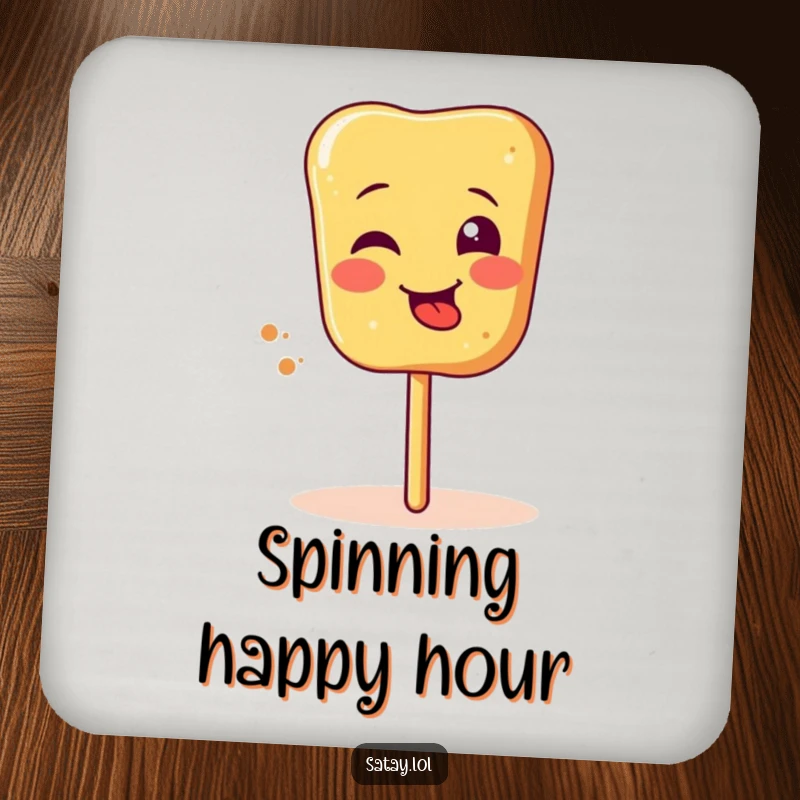 Funny satay skewer coaster, depicting a silly face and tongue sticking out while spinning, perfect for protecting surfaces humorously.