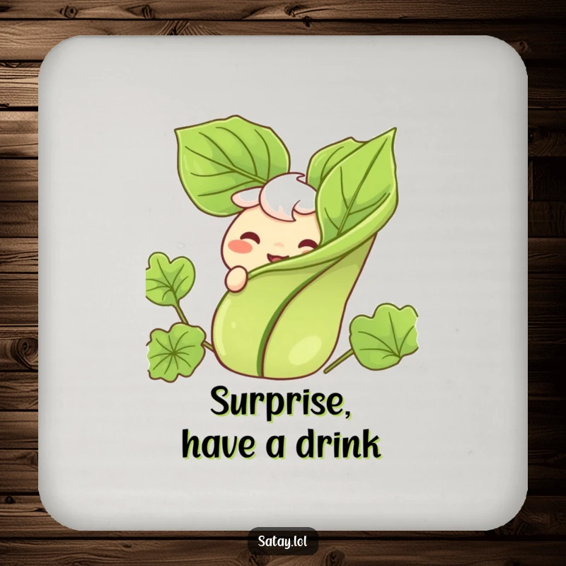 Funny drink coaster showcasing a satay character with a big grin, peeking from behind a leafy garnish.