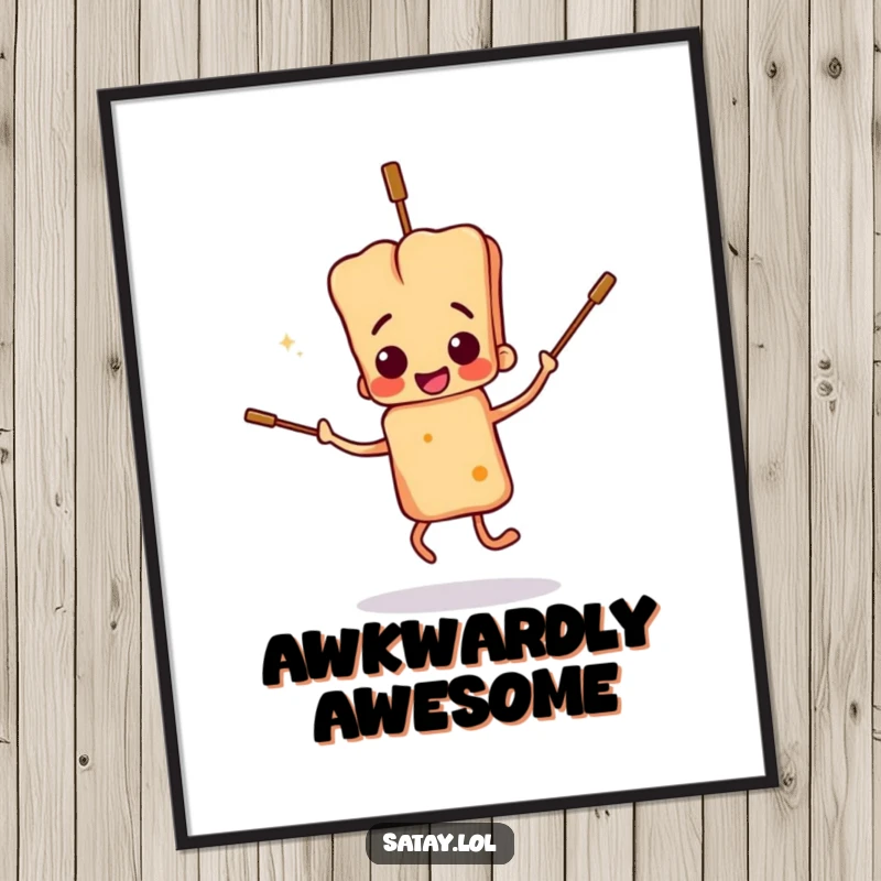 Funny satay skewer character poster, performing a clumsy dance with floppy skewers, perfect for adding a humorous, energetic vibe.