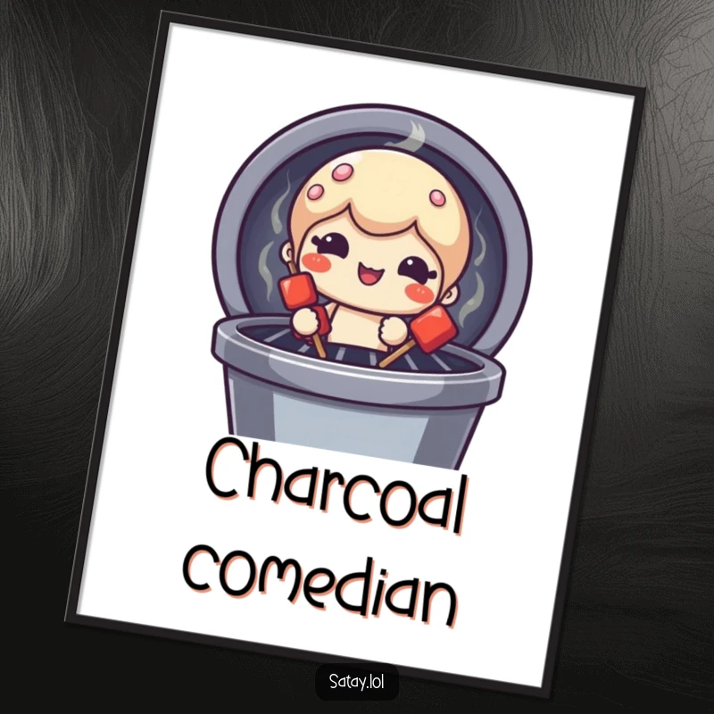 Funny satay skewer character poster, peeking from a grill with a funny face, perfect for adding humor to wall decor.