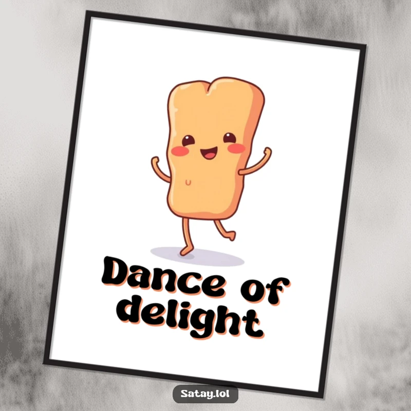 Funny poster depicting a satay skewer with tiny legs in a celebratory jig, bringing vibrant humor and food-themed joy to decor.