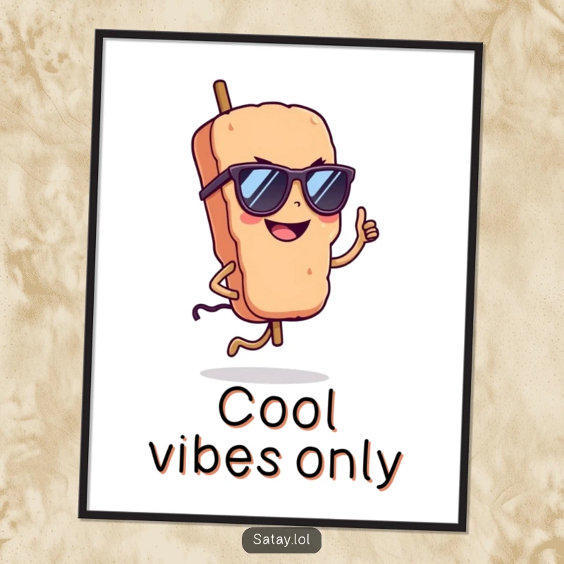 Funny cool satay skewer art print, wearing sunglasses and grinning confidently, adding a pop of style to any wall.
