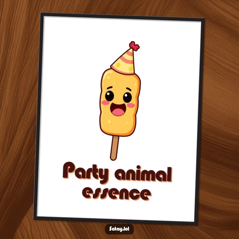 Funny poster of an excited satay skewer wearing a tiny party hat, ready for a celebration.