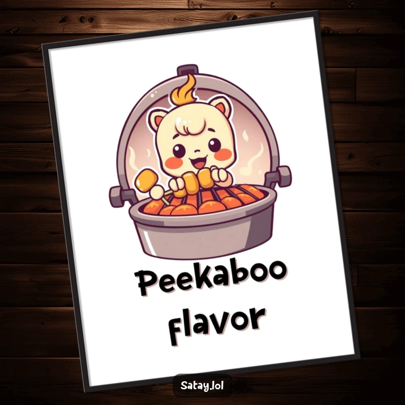 Funny Peeking Satay Skewer Poster showcasing a skewer character peeking from behind a grill graphic, adding humorous culinary wall art.