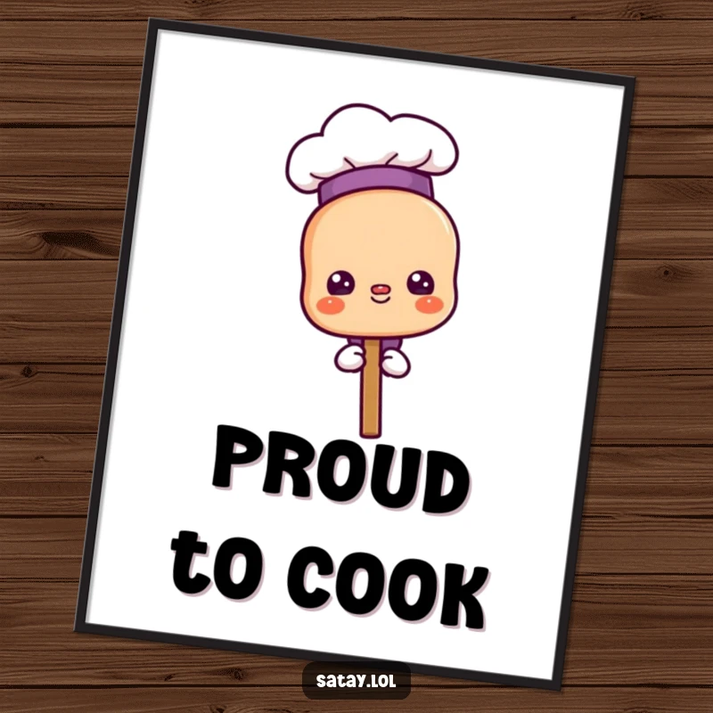 Funny proud chef satay skewer poster, character wearing a chef hat and looking proud, inspiring culinary art.